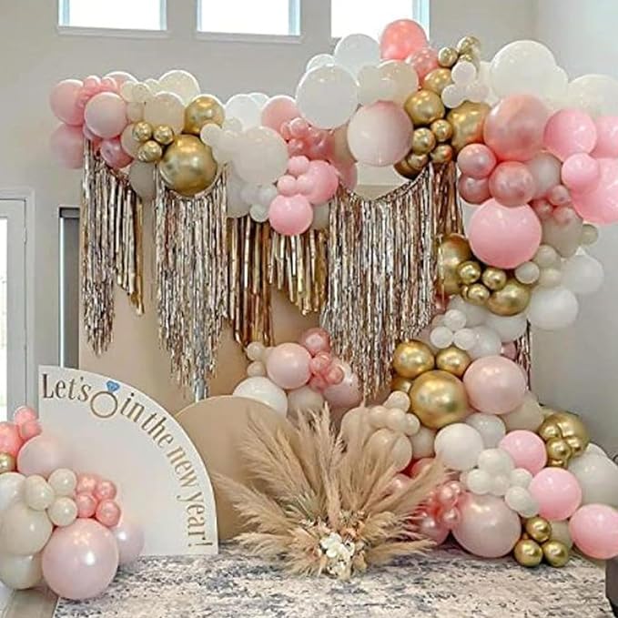Pink and Gold Balloons, 12 Inch Pink White Metallic Chrome Gold Confetti Pink Latex Balloons with Ribbon Pink Gold Party Balloons Set for Girls Baby Shower Birthday Princess Party Decorations