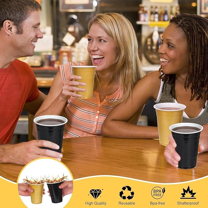 KesaPlan 50PCS 16 oz Plastic Cups Graduation Cups Black and Gold Disposable Party Cup Bulk for Party Graduation Wedding Birthday Halloween Family Gatherings and Festive Celebrations
