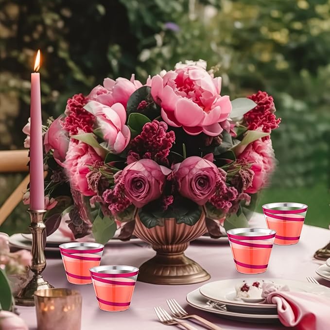 Gejoy 9 oz Rimmed Swirl Plastic Cups Disposable Wine Drinking Cups Clear Elegant Halloween Tumblers for Christmas Party Supplies(Hot Pink,100 Pcs)