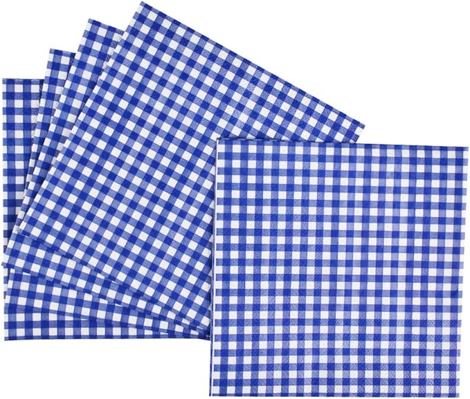 Gatherfun Gingham Blue and White Party Supplies Disposable Paper Plates Napkins Cups Knives Spoons Forks Tablecloth Banner for Birthday Party Family Dinner Picnic Barbecue Father's Day Party, Serve 25