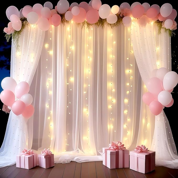 10 * 8FT White Pearl Tulle Double Layered Backdrop Curtain with Lights String and Lining Fabric for Wedding Baby Shower Birthday Parites Photo Decorations