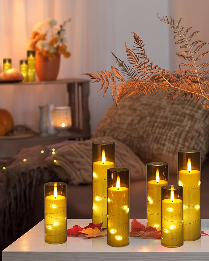 Enido 10 Pc Flameless LED Candles with Remote & Timer, Battery Operated Acrylic Pillar Set, Flickering Electric Lights with Embedded Star String for Cozy Home & Holiday Romantic Decor (Grey)