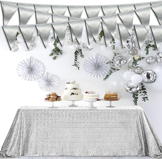 40M/130FT Silver Triangle Pennant Banner Flag Metallic Fabric Bunting Garland for Christmas Graduation Wedding Engagement Anniversary Bachelorette Birthday Bridal Shower Valentines Hen Party Supplies