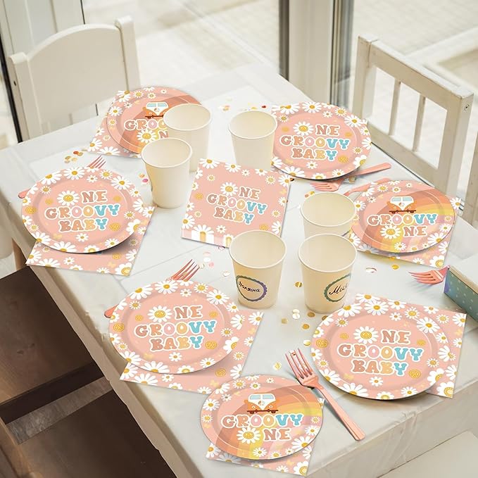96PCS One Groovy Birthday Party Decorations Groovy One Party Paper Plates Napkins for Girls Daisy Flower Hippie 1st Tableware for Newborn Retro Boho Baby Shower Party Decor Supplies