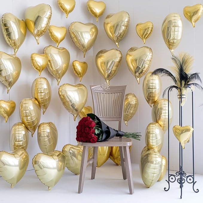 Champagne Gold Heart Balloons, 19PCS Light Gold Heart Shape Balloons, 18Inch with 10Inch Foil Gold Balloon for Birthday Marriage Wedding Bridal Party Anniversary Decoration