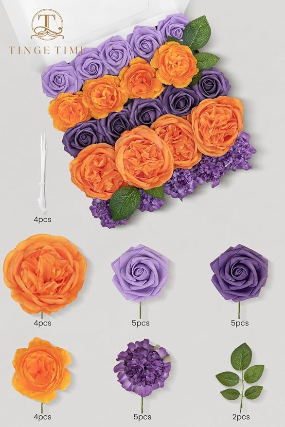 TINGE TIME Rose Artificial Flowers Combo, Gradient Color Faux Foam Roses with Stems for DIY Wedding Bridal Shower Party Table Centerpieces Fake Floral Arrangement Home Decor(Burnt Orange and Purple)