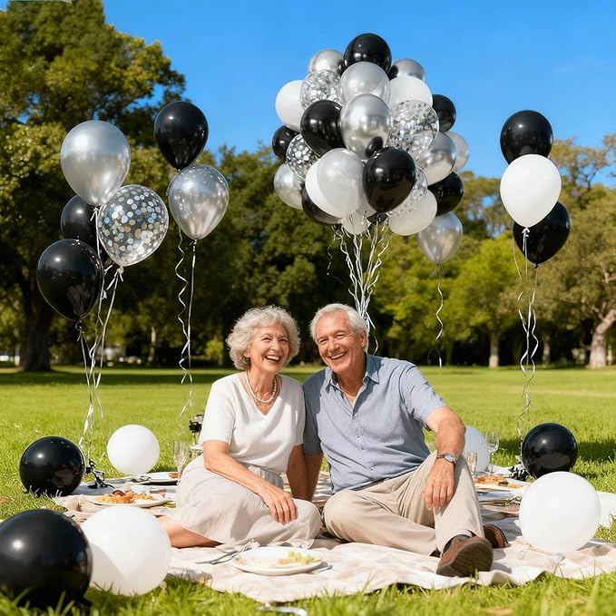 Black Silver Balloons Set,50pcs 12inch Metallic Silver Black White Pearl Silver Balloon with Confetti Latex Balloons for Birthday Wedding Graduation Anniversary Party Decorations