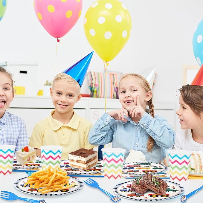 96Pcs Tansportation Party Supplies Traffic Cars Trucks Theme Tableware Set Plates Napkins Forks Serves 24 Guests Transport Vehicle Baby Shower Birthday Party Decorations