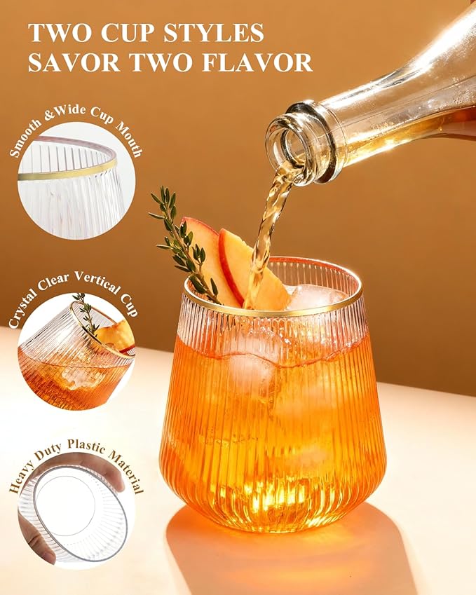 48 Pack Disposable Ribbed Origami Ripple Plastic Glasses Set - 24 9 OZ Stemless Champagne Flutes & 24 12OZ Cups, BPA-Free Shatterproof Clear Drinkware for Weddings, Parties & Events(Gold Rim)