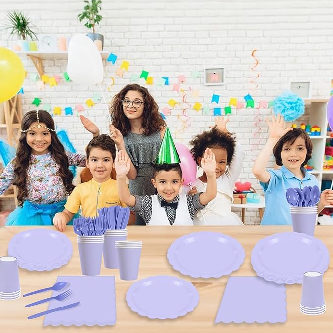 140 Pcs Lavender Paper Plates and Napkins, Light Purple Party Supplies Include Scalloped Lavender Plates Napkin Cup Plastic Cutlery for Garden Party, Baby Shower, Wedding, Birthday