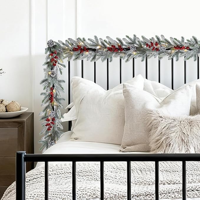 Bdor 6FT Pre-Lit Christmas Garland with Lights – Snow Flocked Pine Garland with Red Berries and Pinecones – Battery Operated Holiday Decoration for Mantel, Staircase, Fireplace, and Front Door