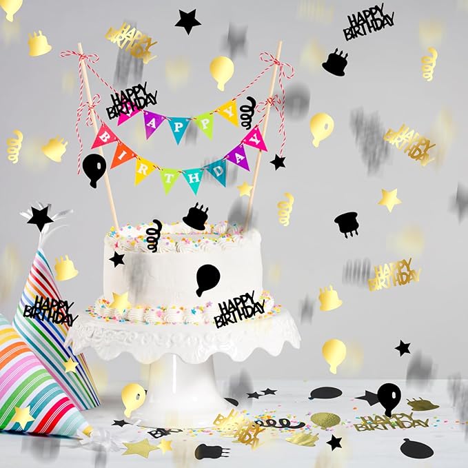 Birthday Confetti - Black & Gold for Tables, 0.88oz Large Confetti for Party Decorations