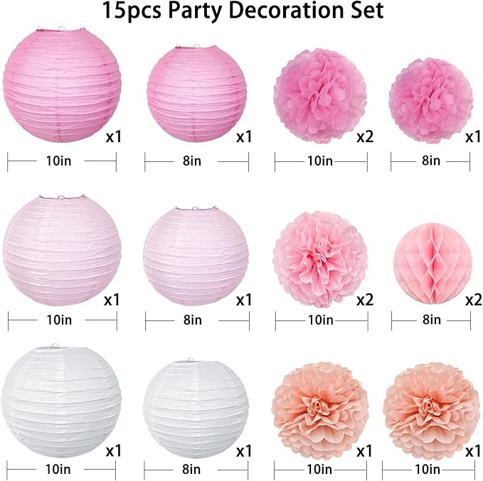 15pcs Party-Decorations Paper-Flowers Lanterns Party Pack and Pom Pom Balls Hanging Decoration for Wedding Birthday Baby Shower-Bachelorette Bridal Wedding Engagement Supplies Decor