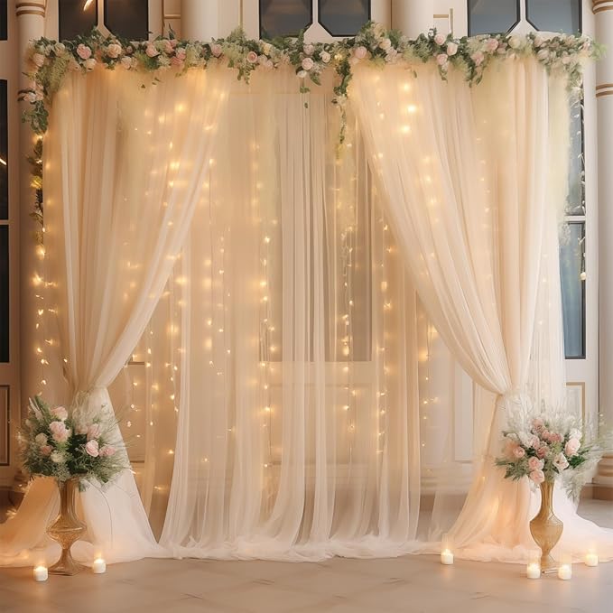 20ft x 10ft Champagne Backdrop Curtain with Lights String for Parties, Sheer Tulle Wedding Photo Backdrops Drapes for Baby Shower Birthday Party Decorations Background for Photography