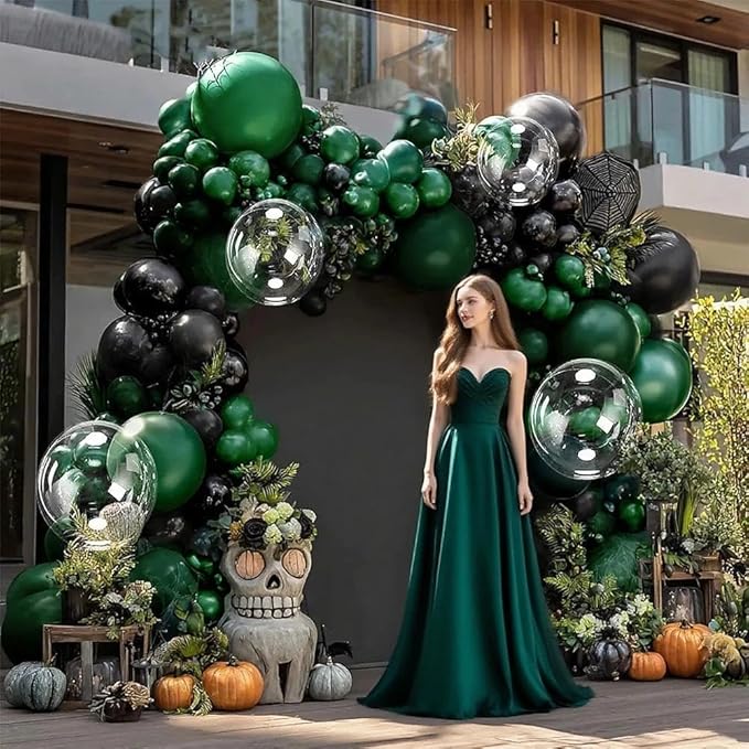 Black Green Balloon Garland Double Stuffed Dark Emerald Green Balloons Clear Bobo Metallic Black Balloon Arch Kit for Birthday Halloween Bridal Shower Christmas New Year Party Decorations