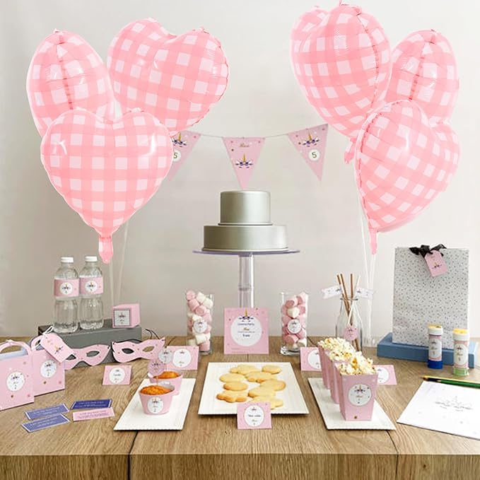 TONIFUL 15Pcs 18 Inch Checkered Pink Balloons Checkered Pink Heart Shape Foil Mylar Banners Decoration for Birthday Valentine's Day Wedding Bridal Shower Anniversary Engagement Party Supplies