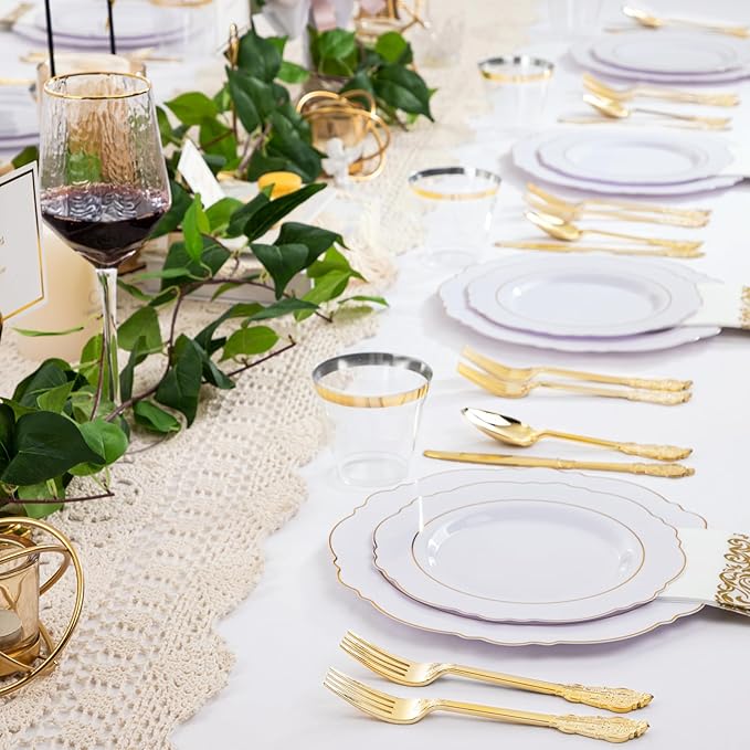 350 Pieces Gold Disposable Plates for 50 Guests, Plastic Plates for Party, Dinnerware Set of 50 Dinner Plates, 50 Salad Plate, 50 Spoons, 50 Forks, 50 Knives, 50 Cups for Thanksgiving
