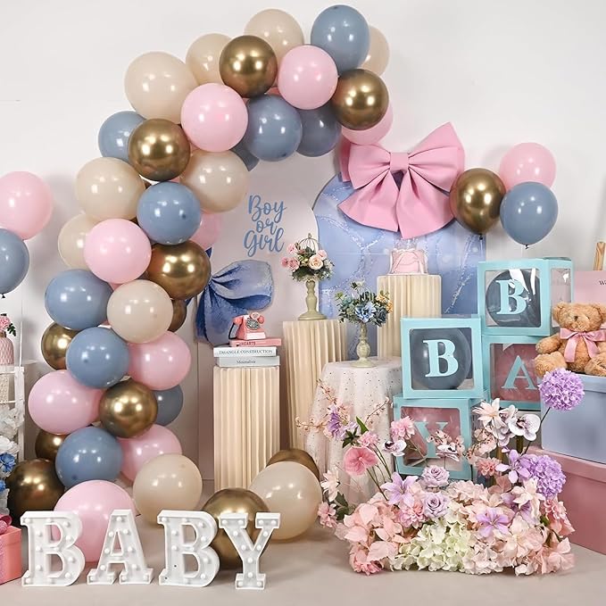 Gender Reveal Balloons, 60 Pcs 12 Inch Dusty Blue Pink Balloons, Chrome Gold Sand White Balloon for Boho Gender Reveal Engagement Bachelorette Birthday Baby Shower Bridal Bear Theme Party Decorations