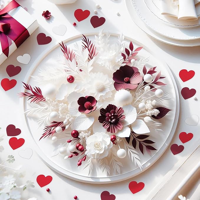 White Red Burgundy Party Decorations - 300Pcs Paper Heart Confetti Engagement Mother's Day Wedding Anniversary Romantic Bridal Shower Birthday Party Valentine Galentines Day Table Decor HongTongTong