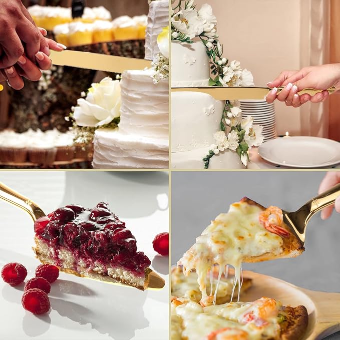 Cake Cutting Set for Wedding, Elegant Cake Knife and Server Set with Thickened Stainless Steel Rounded Edges, Cake Cutter Pie Spatula for Birthday Anniversary Christmas, 2 Pcs, Gold
