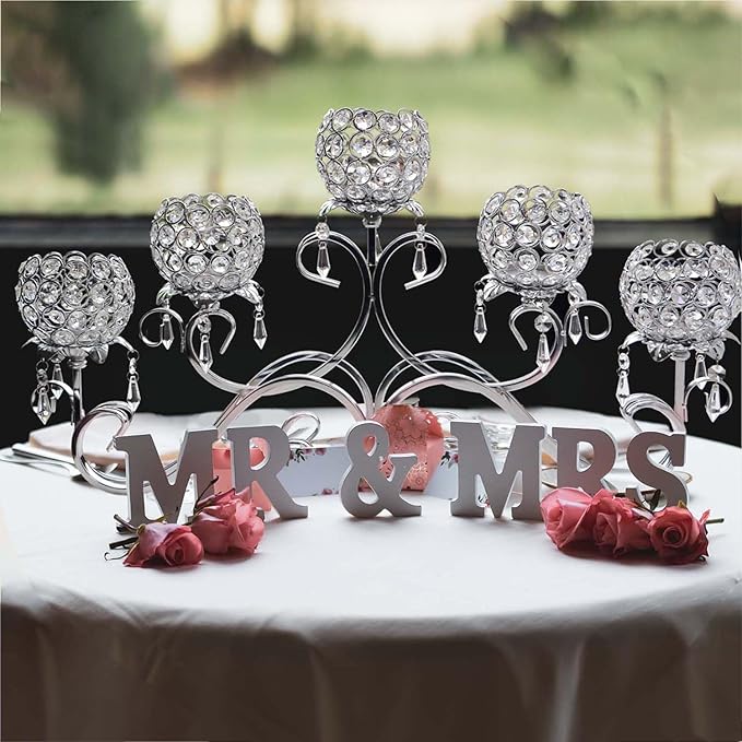 Silver 5 Arms 26.8 Inches Wide Crystal Pendant Bowl Tea Light Candle Holder, Large Bling Centerpiece Table Decorations, Metal Votive Candle Holders for Dining Table(Silver, Bowl-Shaped)