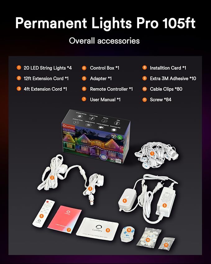 Lumary Permanent Outdoor Lights Pro with Remote, 105ft with 80LED 4000lm RGBAICW Smart Eave Lights, Work with Alexa Google IP67 Waterproof, Multi Scenes for Daily & Accent Lighting Chirstmas Decor