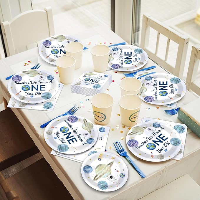 96 Pieces Outer Space 1st Party Plates We Have a One Year Old Theme Party Decorations Space Paper Plates and Napkins First Trip Around The Sun Disposable Dessert Tableware Set Supplies 24 Guests