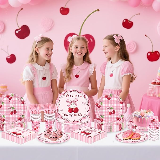 REDWORD Cherry Birthday Decorations, 120Pcs She's The Cherry On Top Party Plates Napkin Cups for Cherr y Theme Girl Birthday Baby Shower Party Decorations-Serves 24