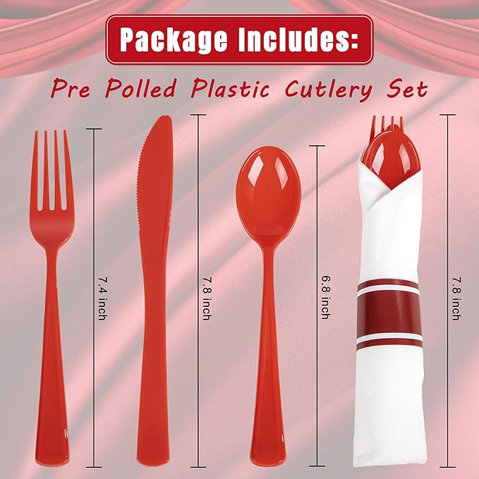 Liacere 400PCS Pre Rolled Red Silverware and Napkin - Disposable Red Plastic Utensils-Wrapped Plastic Cutlery Set with Napkin:100Forks,100Knives,100Spoons,100Napkins for Wedding&Valentine&Christmas
