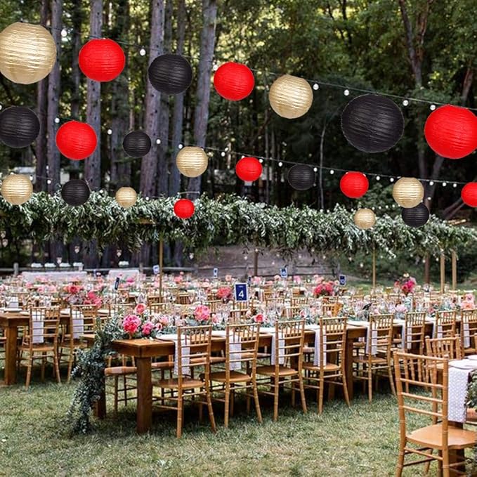 Paper Lanterns Decorative, Round Hanging Paper Lanterns Decorations for Wedding Graduation Anniversary Birthday Party Supplies Black/Gold/Red 15pcs