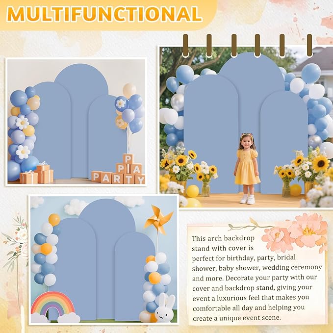 Metal Arch Backdrop Stand and Cover Set 4&5&6ft Gold Arches Stands Dusty Blue Arch Covers Stretchy Backdrop Wedding Backdrops Arched Stand with Cover for Wedding Party Banquet Event Decor