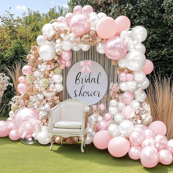 Pearl Pink White Balloon Arch Double Stuffed Pastel Light Pink White Cream Balloon Garland Kit With Bobo Balloons for Birthday Baby Shower Baby in Bloom Wedding Bridal Bachelorette Party Decor