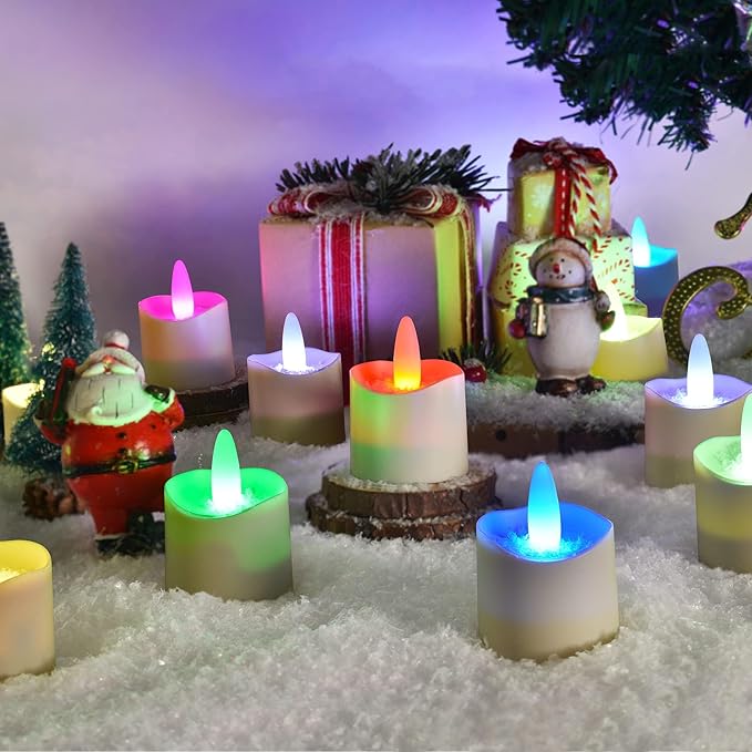 HL Flameless Candles with Remote Timer&Charging Station, 60+Hours Rechargeable Waterproof Outdoor RGB Tea Lights Colorful Candles for Valentine's Gift Halloween Christmas Home Party Decor-12pcs