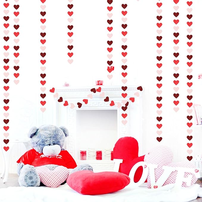 Party Decorations Pink-Red Heart-Garland - 52ft Burgundy Proposal Special Night Galentines Hanging Streamers Banner,Girl Romantic Wedding Anniversary Baby Bridal Shower Engagement Decor