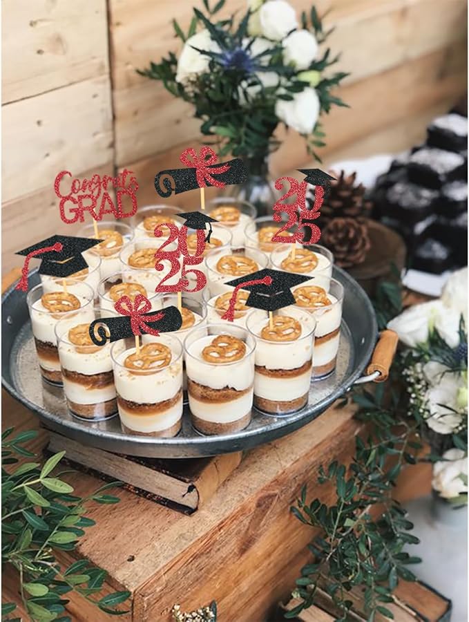 24Pcs Graduation Cupcake Toppers, Graduation Cupcake Picks for Cupcake Food Decorations - Class of 2025 Cupcake Toppers Supplies (Red)