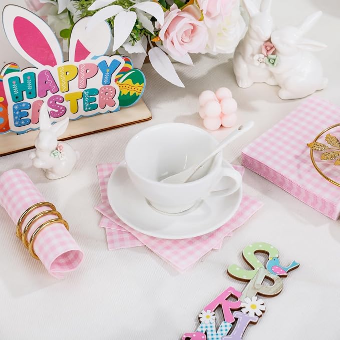 FLOWERCAT 100-Count 2-Ply Pink Checkered Cocktail Napkins Checkered - Pink Cocktail Napkins Disposable Premium Quality- 5“ x 5" Paper Napkins for Easter Party,Bar,Birthday,Mother's Day