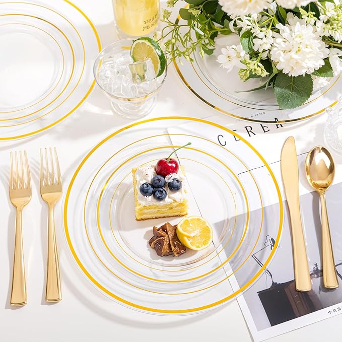 bUCLA 600PCS Clear Plates with Gold Trim - Clear Gold Dinnerware Set Disposable Include 100 Dinner/100 Dessert Plates, 100 Knives, 100 Forks, 100 Spoons, 100 Cups for Wedding, Party & Thanksgiving