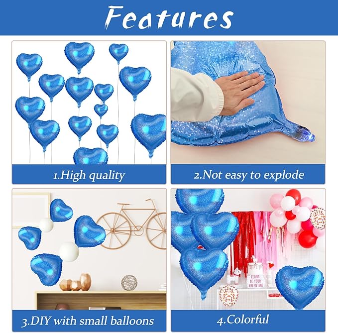 Biapian Dark Blue Heart Balloons, 10PCS Glitter Blue Heart Shape Balloons, 18inch Love Foil Balloons Helium for Boys Men Valentines Day, Graduation, Wedding, Brithday, Baby Shower Party Decorations