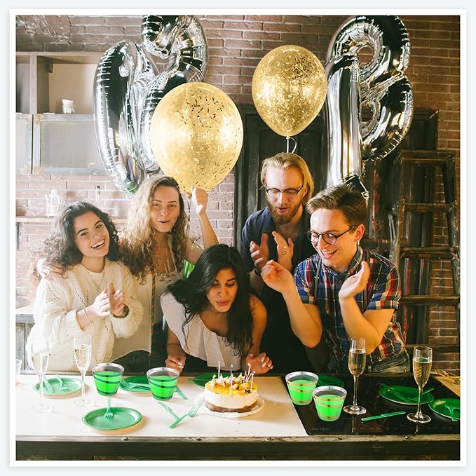 Gejoy 9 oz Rimmed Swirl Plastic Cups Disposable Wine Drinking Cups Clear Elegant Halloween Tumblers for Christmas Party Supplies(Gold, Green,100 Pcs)