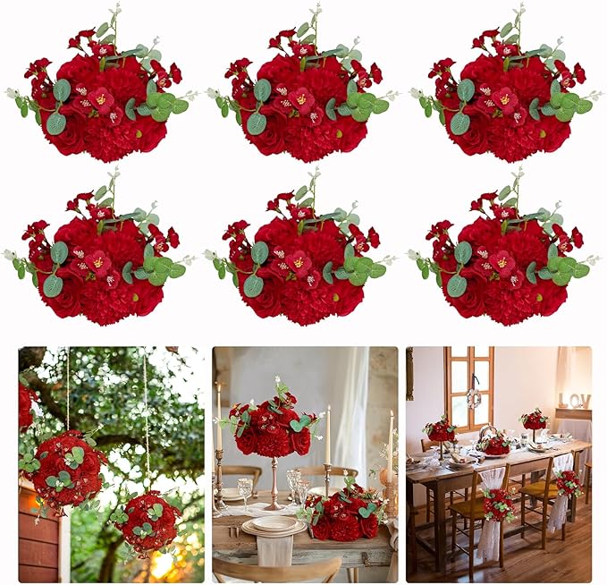 Artificial Flower Ball 6pcs Wedding Centerpieces Table Decorations Faux Red Rose Silk Floral Half Ball with Plastic Base for Party Home Room Event Table Arrangement (6, Red)