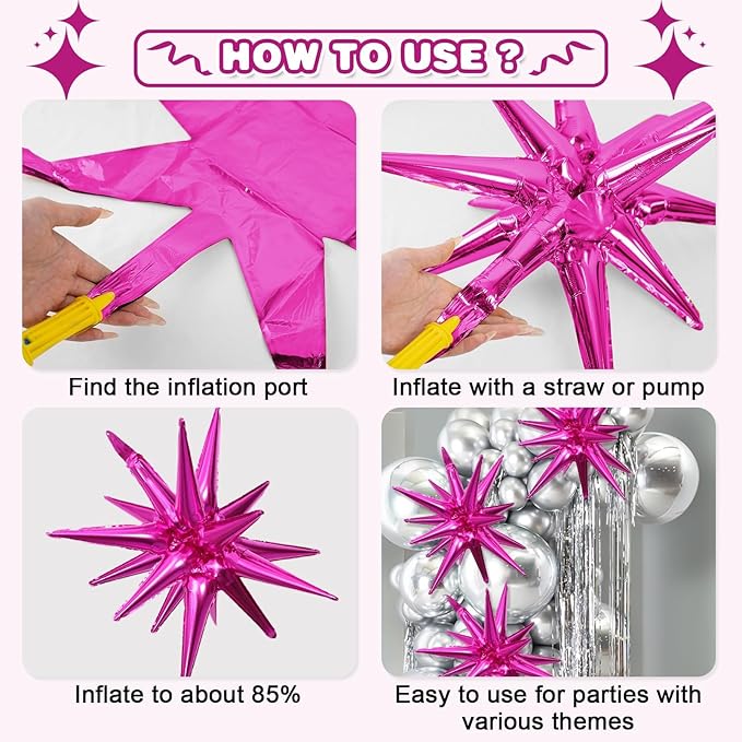 Hot Pink Star Balloon,Pink 6Pcs 22Inch Explosion Star Balloons and 10Pcs 10Inch Four Angle Balloons Kit for Girls Women Birthday Anniversary Baby Shower Wedding Party Decorations
