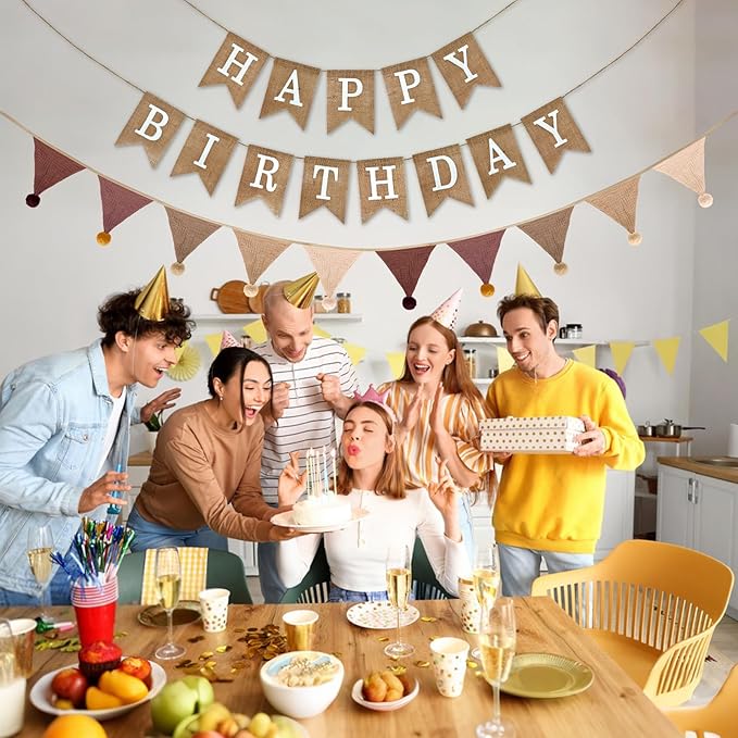 Burlap Happy Birthday Banner with Pennant Banner Flags for Birthdays Decorations, Brown Burlap Happy Birthday Signs Bunting for Men Women Boys Girls kids Neutral Celebration Party Backdrops
