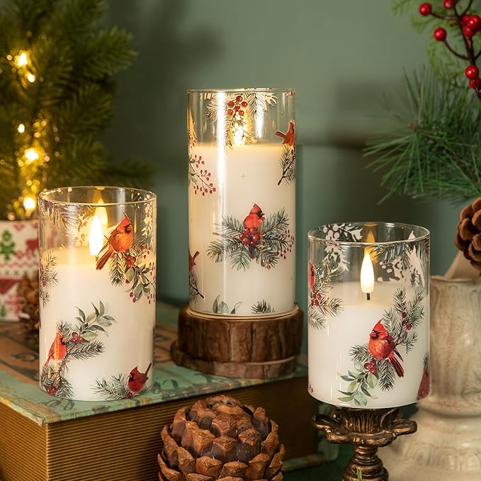 LUSHABOR Christmas Flameless Candles, 3 Pack Battery Operated Candles for Christmas Mantel Decor, Glass LED Flickering Candles Home Xmas Party Holiday D3 H4 5" 6", Bird