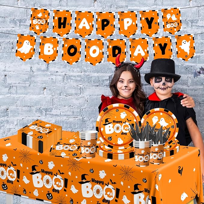 Boo Day Party Decorations,142pcs Halloween Party Tableware Set Include Happy Boo Day Plates Napkins Cups Boo Tablecloth Banner Decoration Orange Ghost Party Supplies for Halloween Birthday Baby Shower