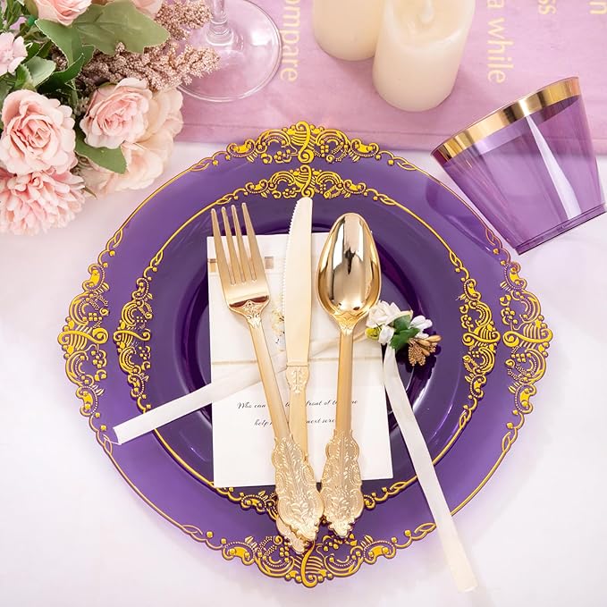 Nervure 175PCS Purple Plastic Plates - Disposable Purple Gold Party Plates & Pre Rolled Napkins with Cutlery for 25 Guests, 50Plates, 75Silverware, 25Cups, 25Napkin for Wedding & Party