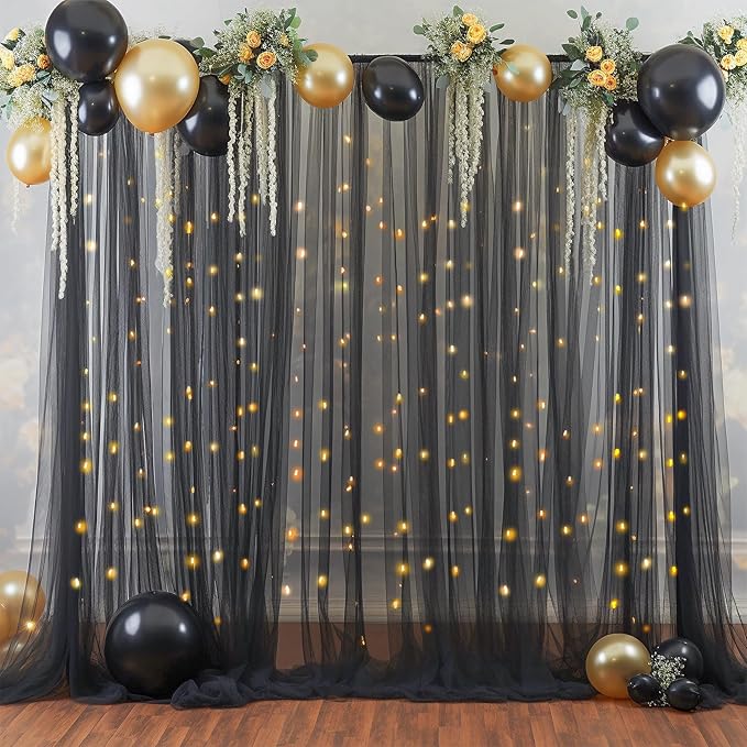 10ft x 8ft Black Backdrop Curtain with Lights String for Parties, Sheer Tulle Wedding Photo Backdrops Drapes for Baby Shower Birthday Party Decorations Background for Photography