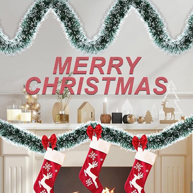 50 Feet Green Christmas Tinsel Garland Metallic Twist Shiny Hanging Garland for Christmas Tree Decorations Xmas Holiday Decor for Home Indoor Outdoor Party Supplies - Green