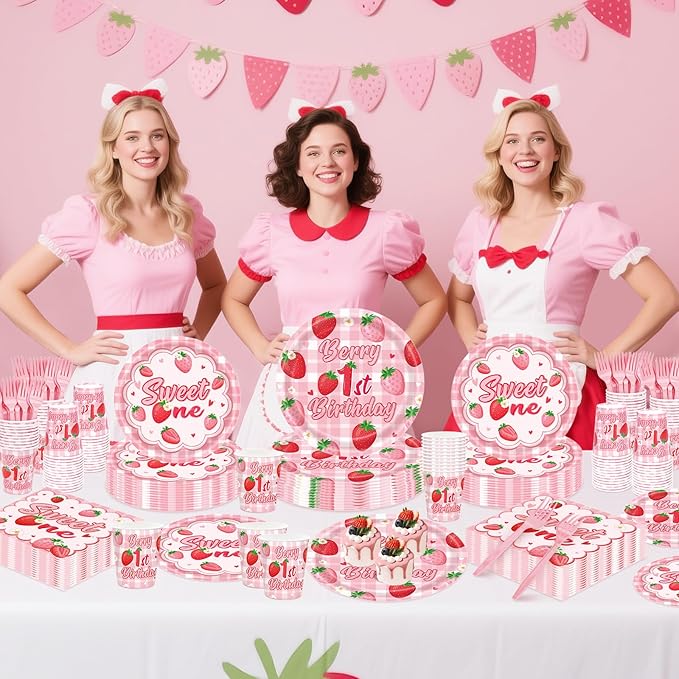 REDWORD Berry First Birthday Decor, 120Pcs Strawberry 1st Birthday Decorations with Plates Napkins Forks Cups Supplies for Girl First Sweet One Birthdays Party Decorations-Serves 24