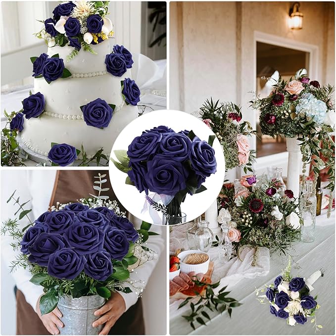 100 Pieces Artificial Foam Rose Flowers Faux Bouquet with Leaves and Stems for DIY Wedding Bouquets Centerpieces Bridal Shower Party Valentine Home Decorations(Navy Blue)