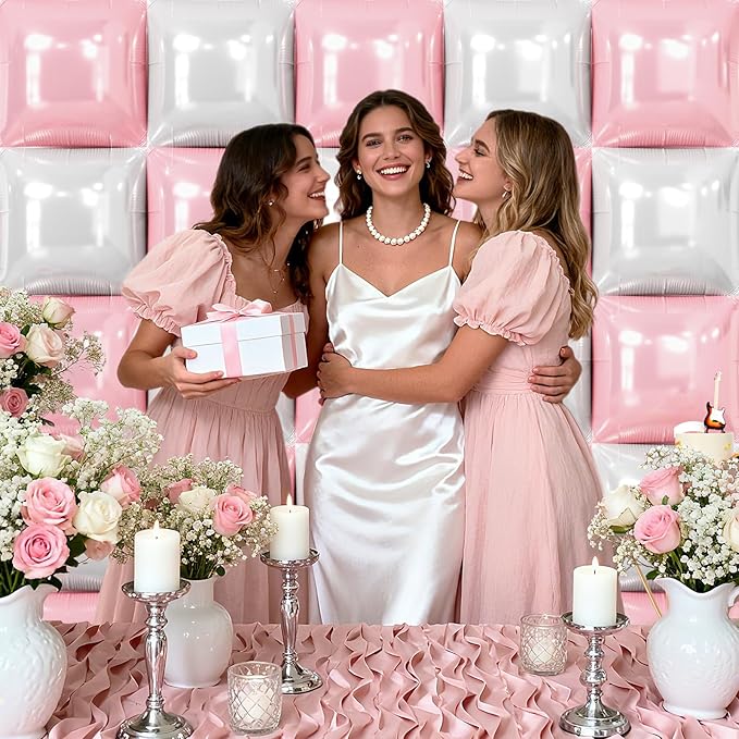 NISOCY 25PCS Pearl Pink and White Square Foil Balloons Wall Backdrop Double Sided Pink and Pearl White Balloons Arch Kit for Wedding Birthday Baby Shower Bride Girl Party Decorations